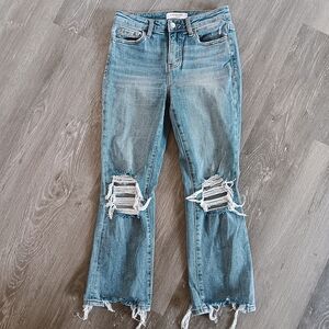 ↠ Vervet Loveret High Rise Distressed Blue Denim Chewed Hem Straight Leg Jeans
